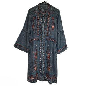 KYLA SEO Handmade Blue Embroidered Floral Midi Dress Women's Boho Medium NEW